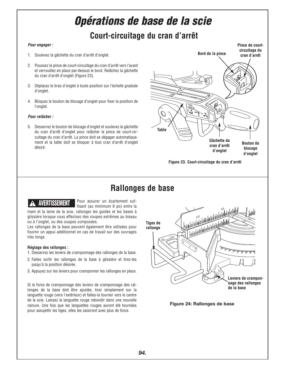 Opérations de base de la scie, Court-circuitage du cran d’arrêt, Rallonges de base | Avertissement | Bosch 4405 User Manual | Page 94 / 112