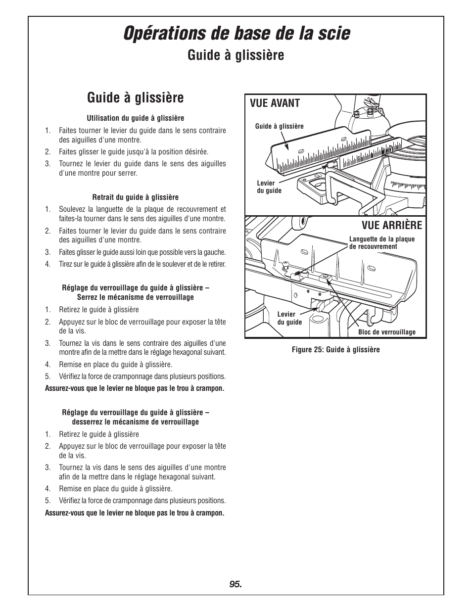 Opérations de base de la scie, Guide à glissière, Vue avant vue arrière | Bosch 4405 User Manual | Page 95 / 112