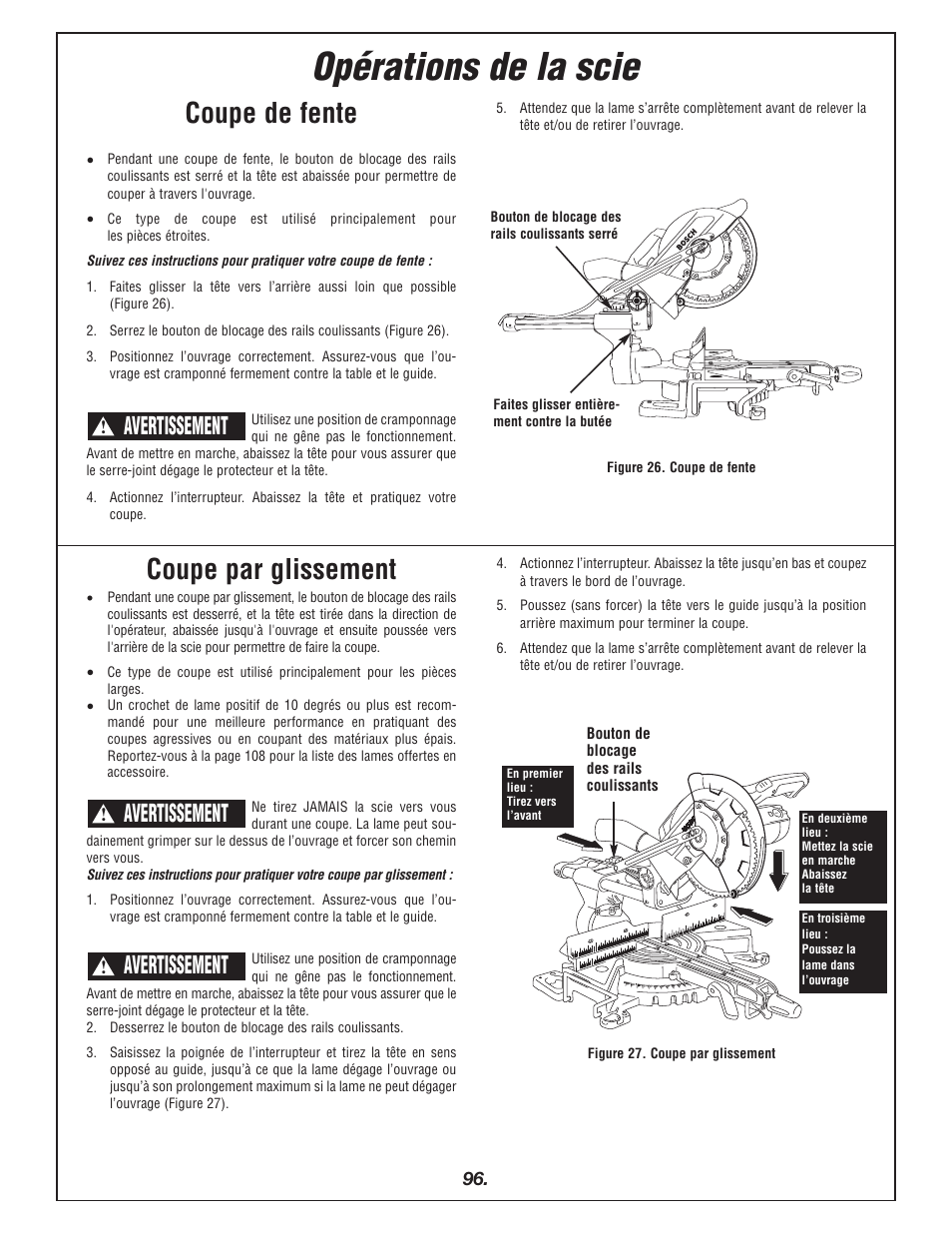 Opérations de la scie, Coupe par glissement, Coupe de fente | Avertissement | Bosch 4405 User Manual | Page 96 / 112