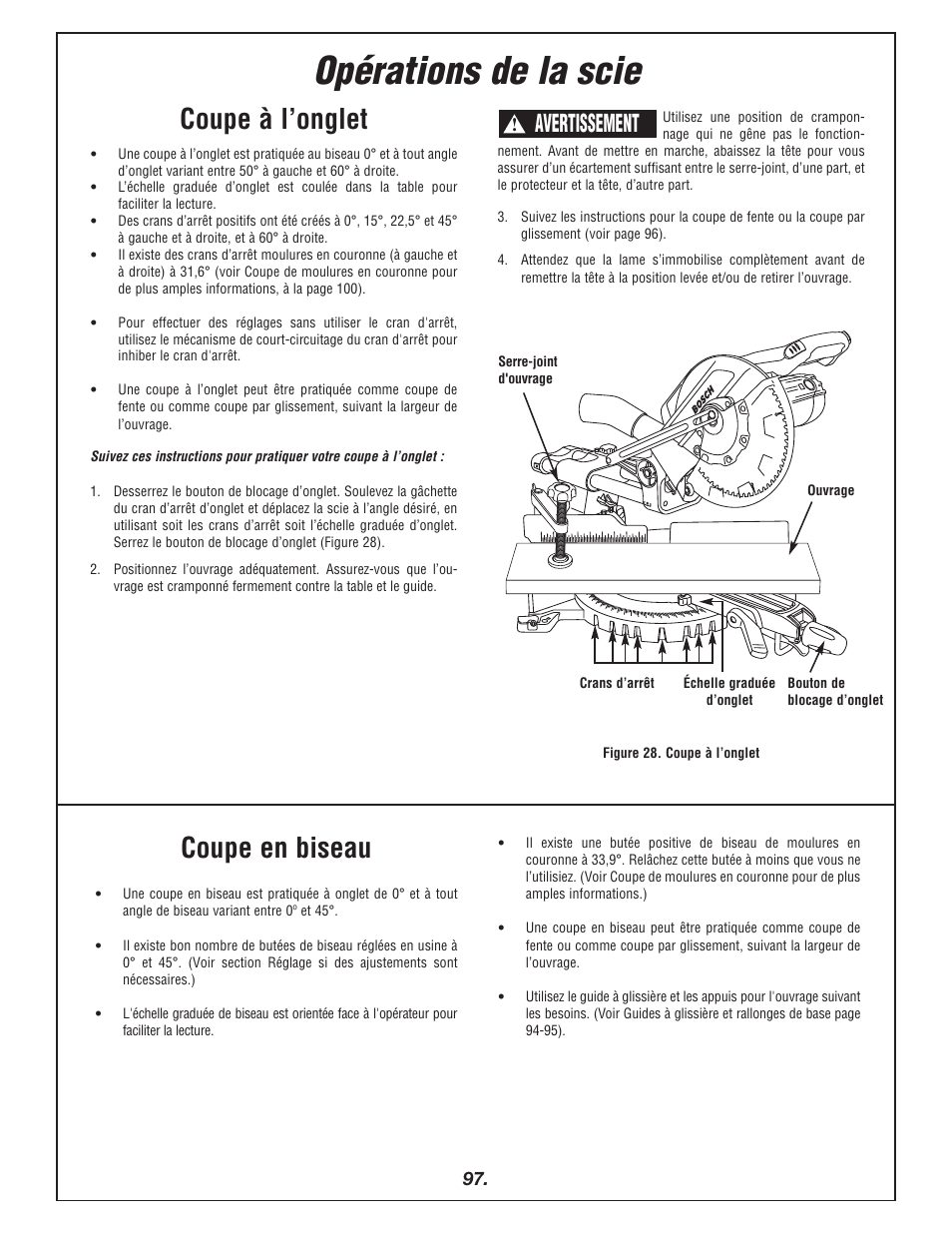 Opérations de la scie, Coupe à l’onglet, Coupe en biseau | Avertissement | Bosch 4405 User Manual | Page 97 / 112