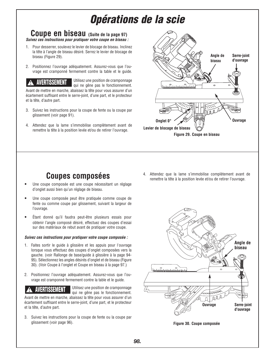 Opérations de la scie, Coupe en biseau, Coupes composées | Avertissement | Bosch 4405 User Manual | Page 98 / 112