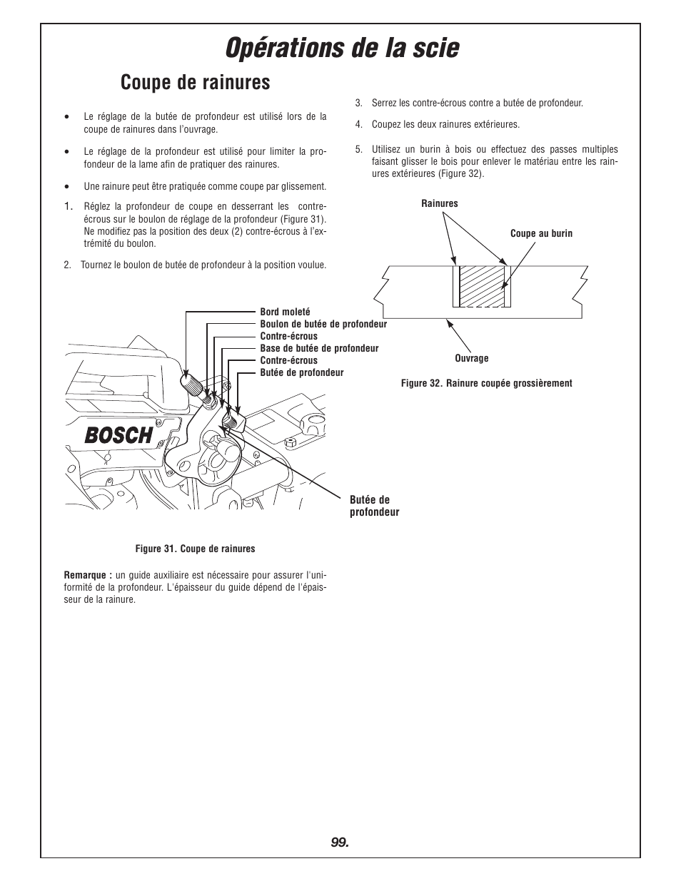 Opérations de la scie, Coupe de rainures | Bosch 4405 User Manual | Page 99 / 112