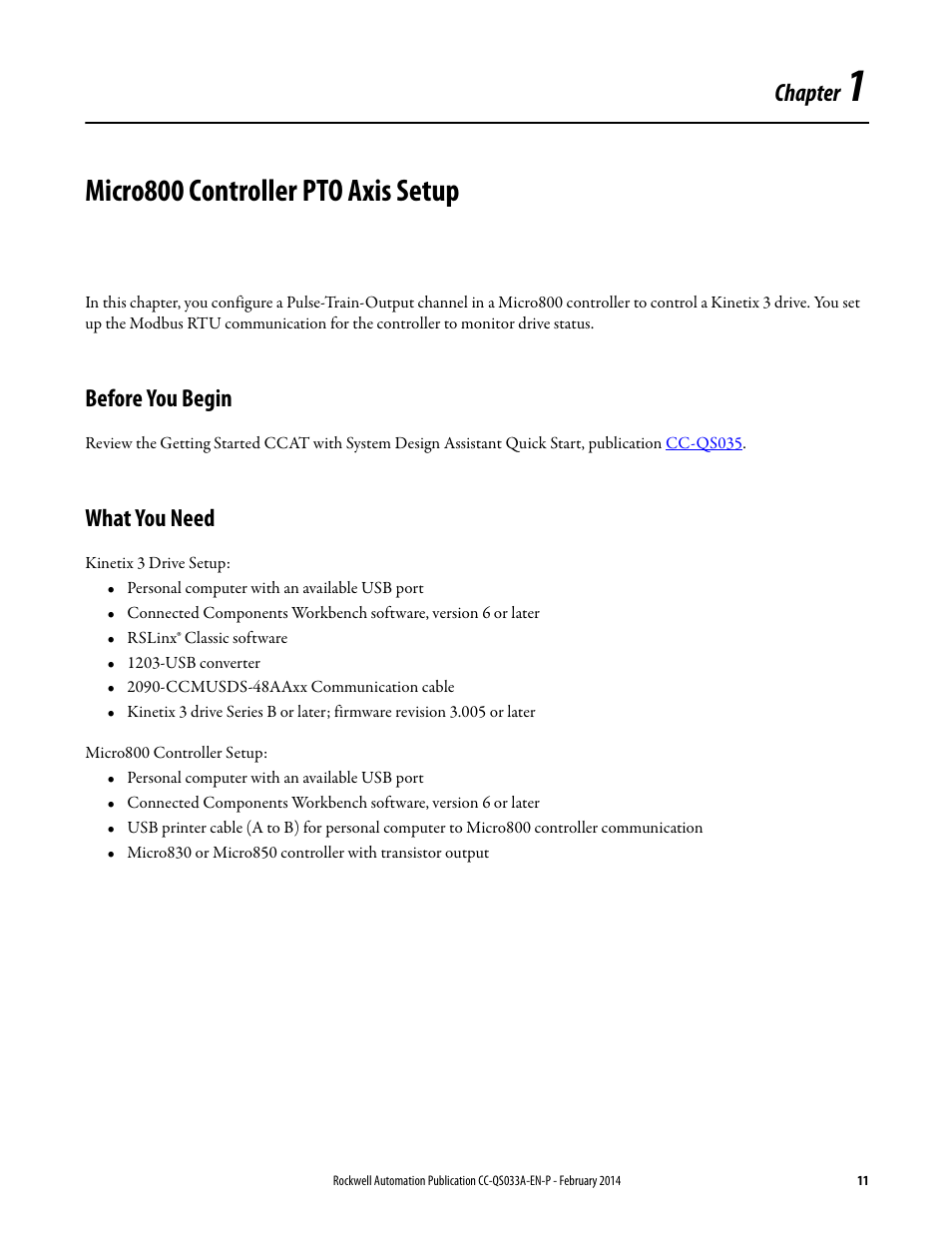 Chapter 1, Micro800 controller pto axis setup, Before you begin | What you need, Before you begin what you need | Rockwell Automation Motion Control PTO Application Building Block User Manual | Page 11 / 94