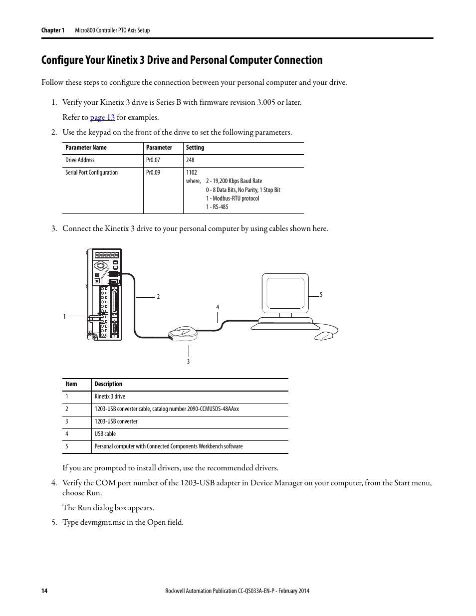 Connection, Configure your kinetix 3 drive, And personal computer | Connection on | Rockwell Automation Motion Control PTO Application Building Block User Manual | Page 14 / 94