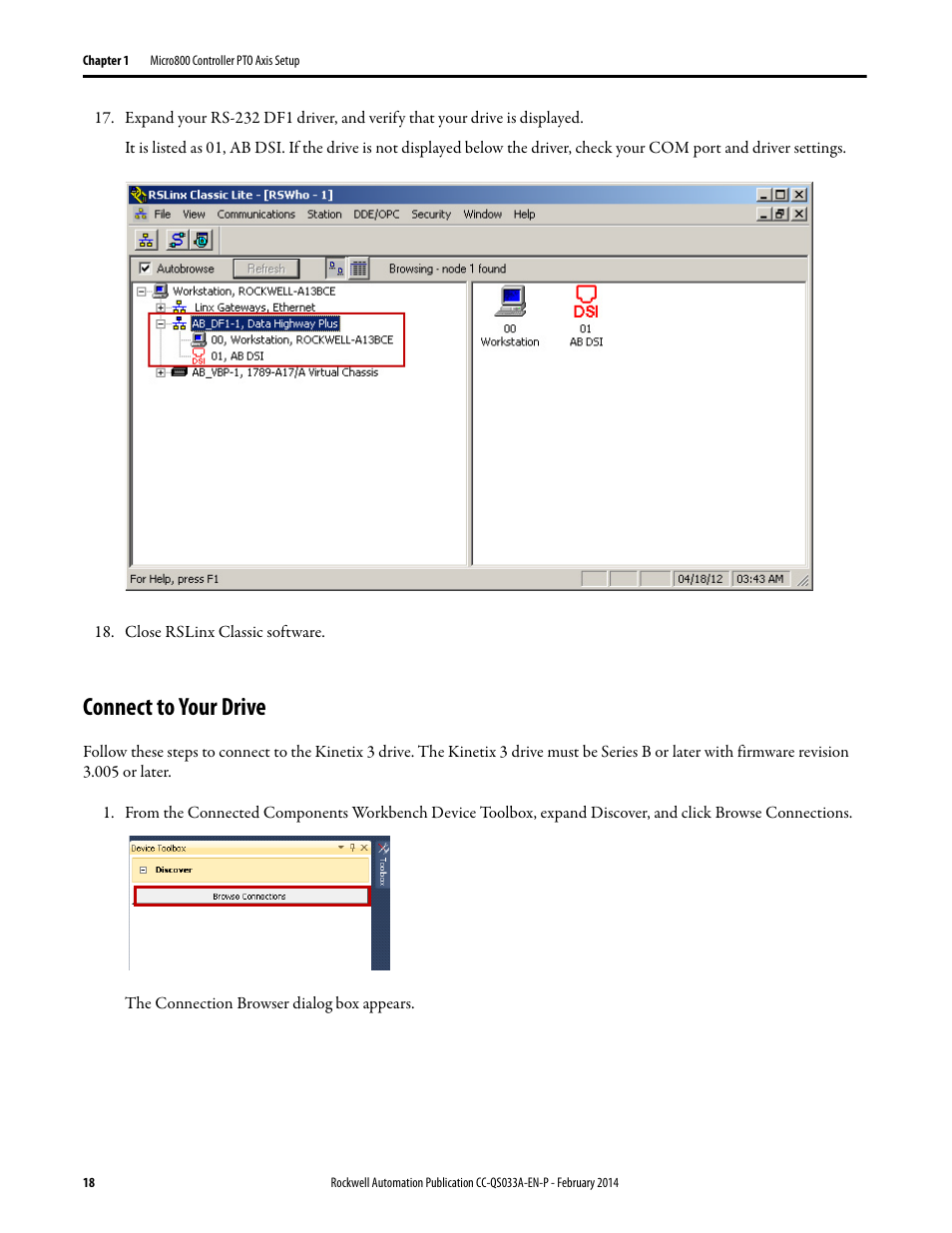 Connect to your drive, Connect to your drive on | Rockwell Automation Motion Control PTO Application Building Block User Manual | Page 18 / 94