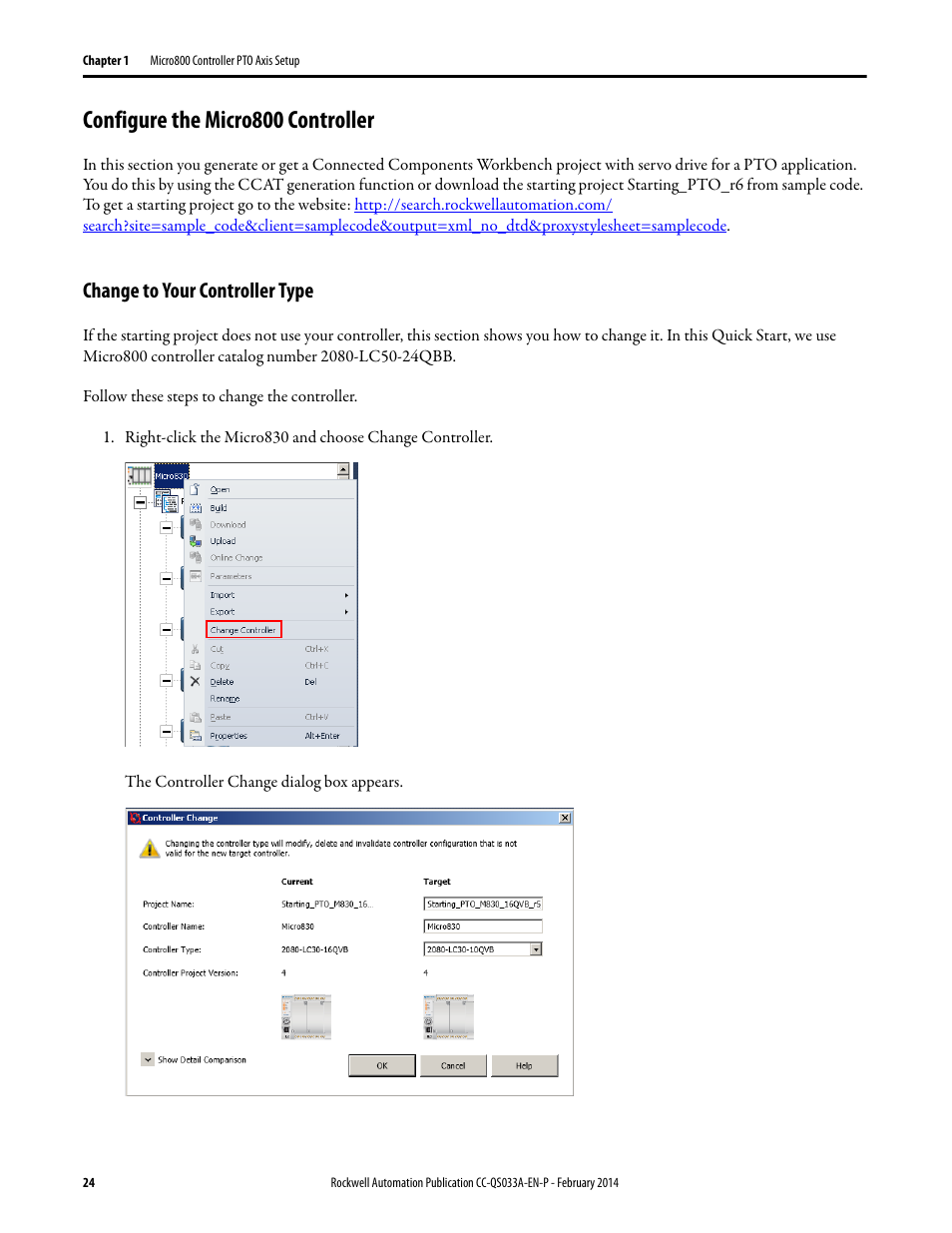 Configure the micro800 controller, Change to your controller type, Configure the micro800 | Controller on | Rockwell Automation Motion Control PTO Application Building Block User Manual | Page 24 / 94