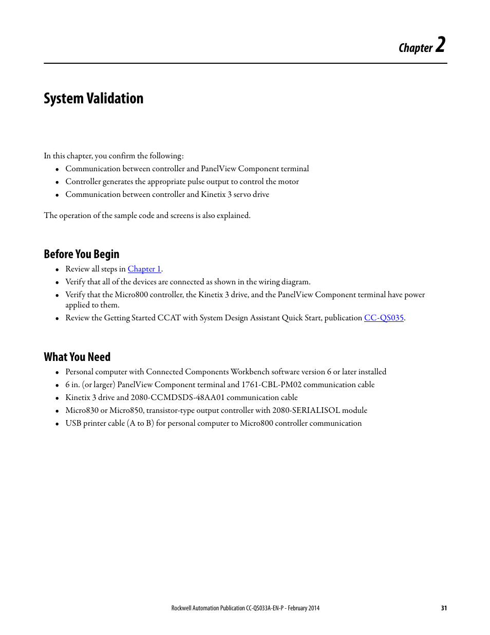 Chapter 2, System validation, Before you begin | What you need, Before you begin what you need, Chapter | Rockwell Automation Motion Control PTO Application Building Block User Manual | Page 31 / 94