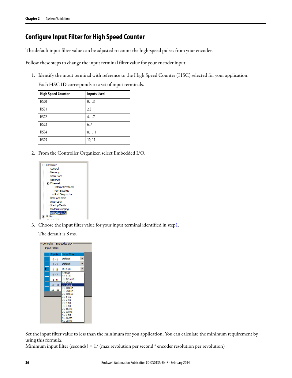 Configure input filter for high speed counter, Configure input filter for high, Speed counter on | Rockwell Automation Motion Control PTO Application Building Block User Manual | Page 36 / 94