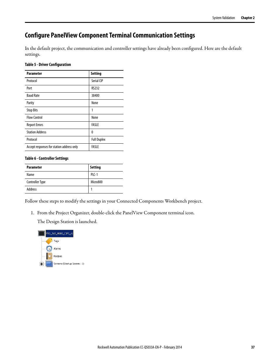 Settings, Configure panelview, Component terminal | Communication settings on | Rockwell Automation Motion Control PTO Application Building Block User Manual | Page 37 / 94