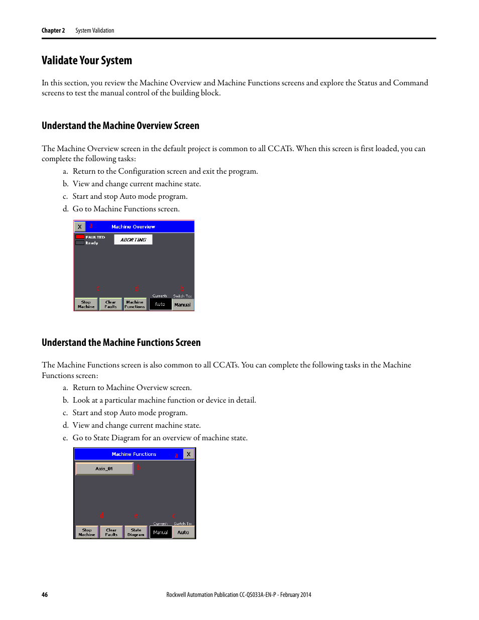 Validate your system, Understand the machine overview screen, Understand the machine functions screen | Rockwell Automation Motion Control PTO Application Building Block User Manual | Page 46 / 94