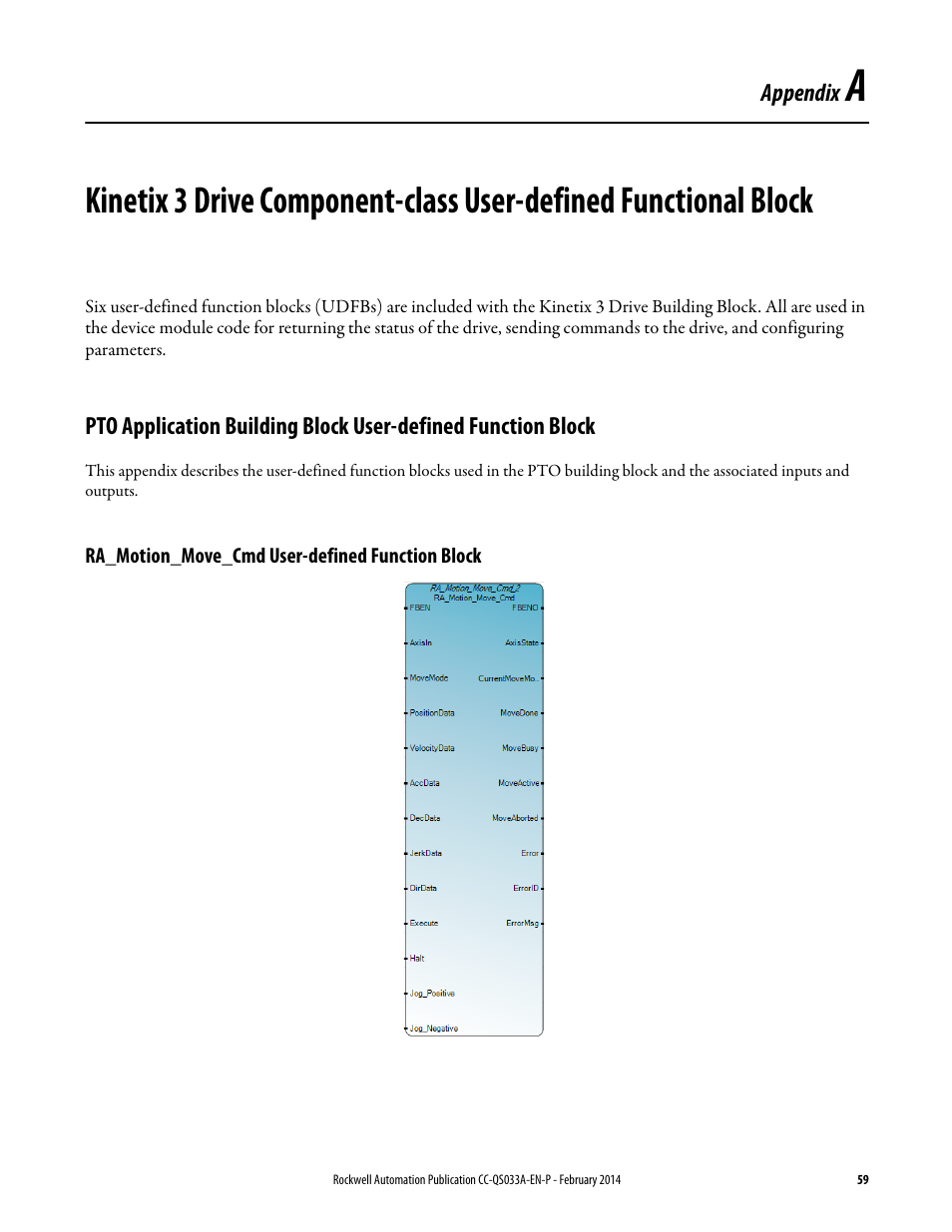 Appendix a, Ra_motion_move_cmd user-defined function block | Rockwell Automation Motion Control PTO Application Building Block User Manual | Page 59 / 94