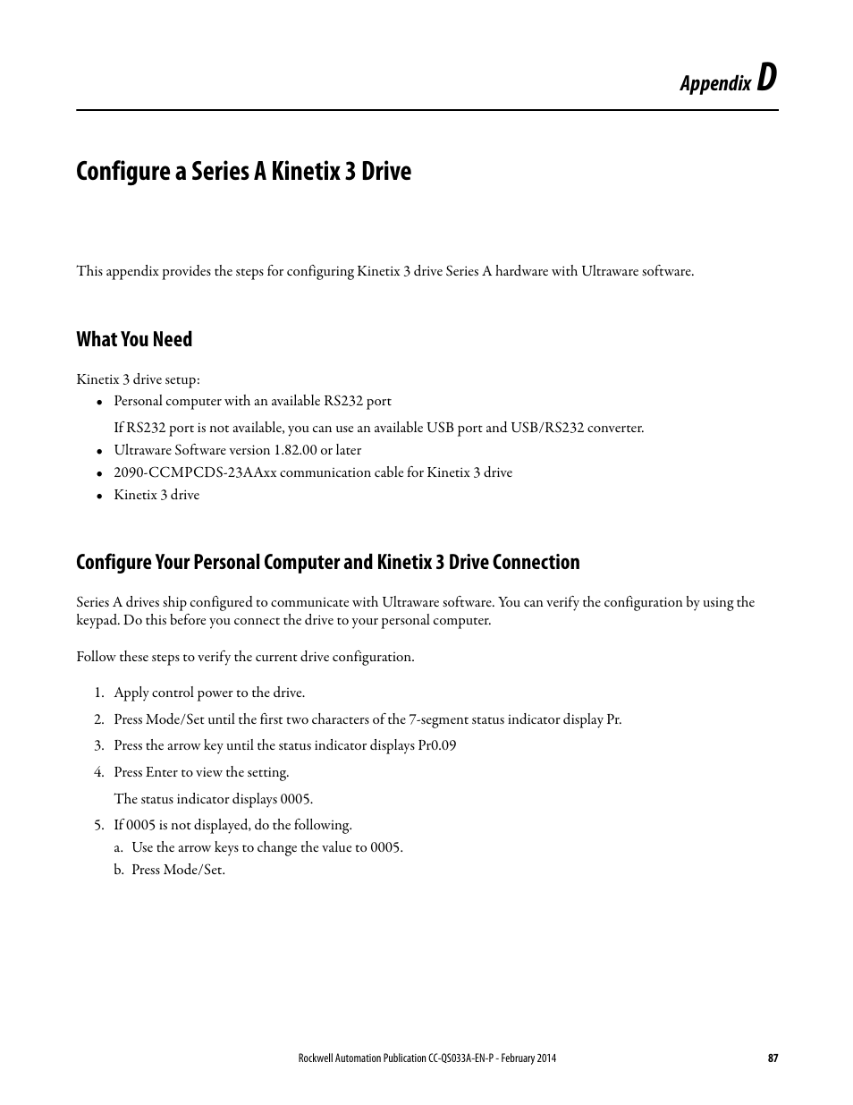 Appendix d, Configure a series a kinetix 3 drive, What you need | Connection, Appendix | Rockwell Automation Motion Control PTO Application Building Block User Manual | Page 87 / 94