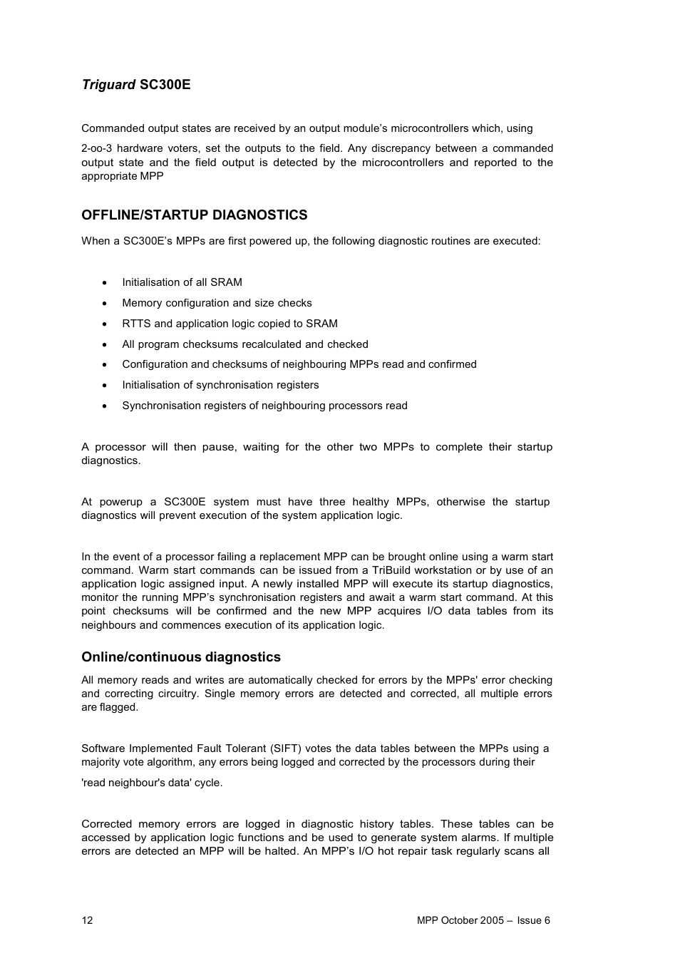 Triguard sc300e, Offline/startup diagnostics, Online/continuous diagnostics | Rockwell Automation MPP Processor Moduile User Manual | Page 12 / 25