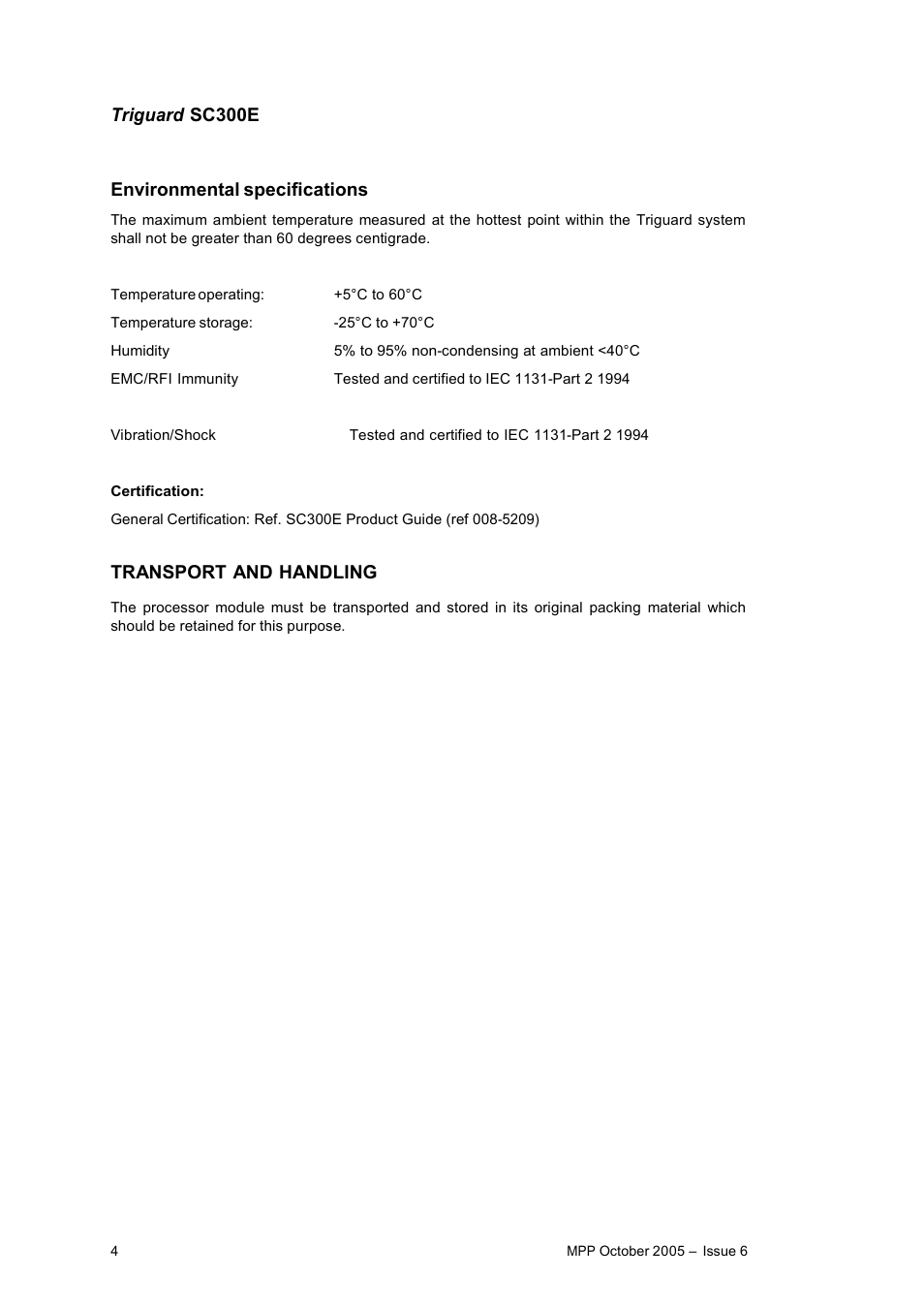 Triguard sc300e environmental specifications, Transport and handling | Rockwell Automation MPP Processor Moduile User Manual | Page 4 / 25