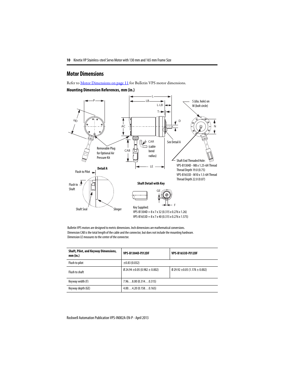 Motor dimensions, For a v | Rockwell Automation VPS-B1653D-PJ12DF Kinetix VP Stainless-steel Servo Motor with 130...165 mm Frame Size Install User Manual | Page 10 / 20