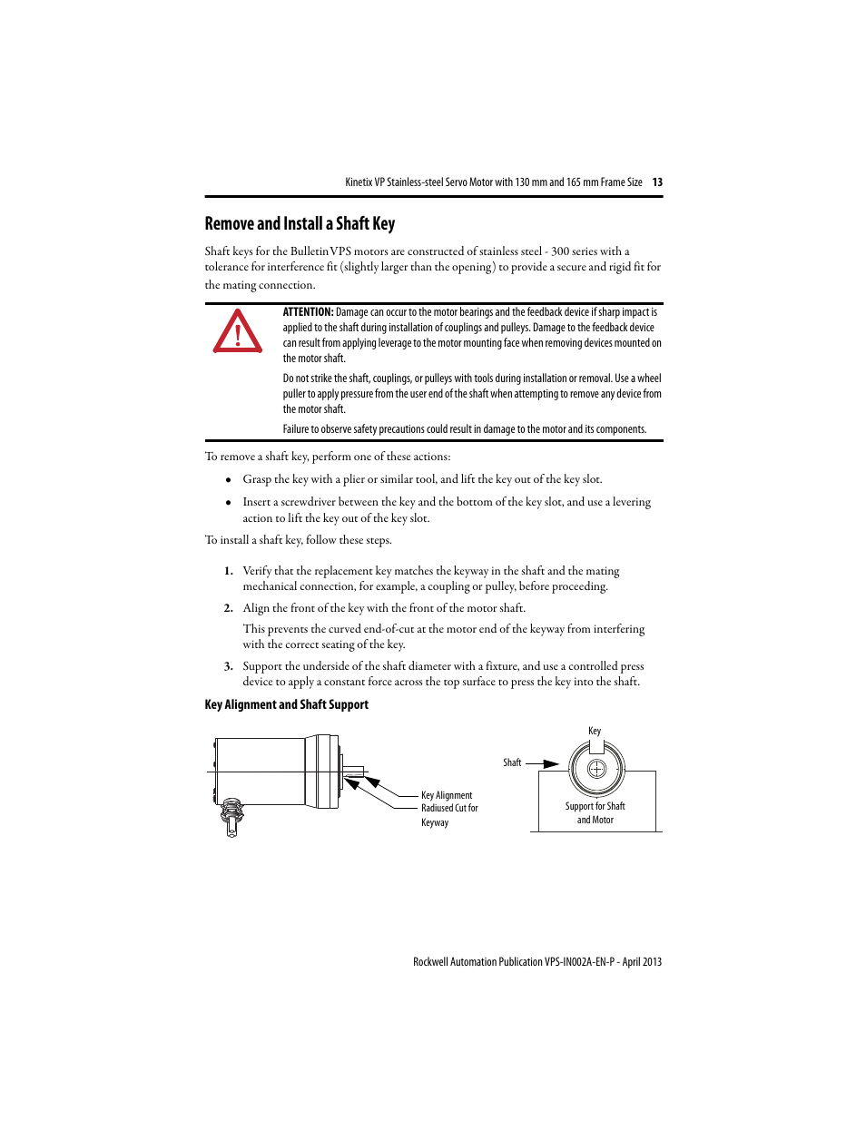 Remove and install a shaft key | Rockwell Automation VPS-B1653D-PJ12DF Kinetix VP Stainless-steel Servo Motor with 130...165 mm Frame Size Install User Manual | Page 13 / 20