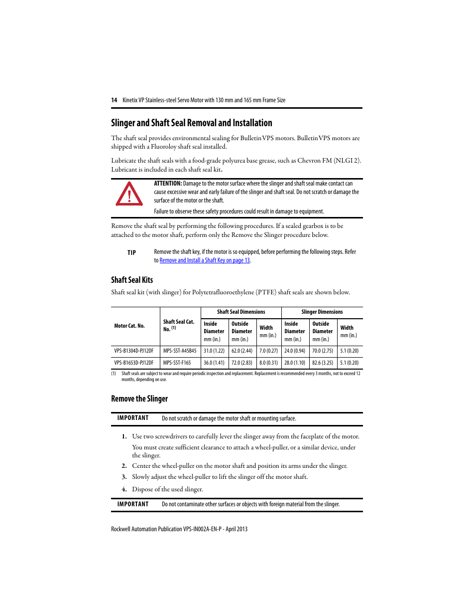 Slinger and shaft seal removal and installation, Shaft seal kits, Remove the slinger | Rockwell Automation VPS-B1653D-PJ12DF Kinetix VP Stainless-steel Servo Motor with 130...165 mm Frame Size Install User Manual | Page 14 / 20