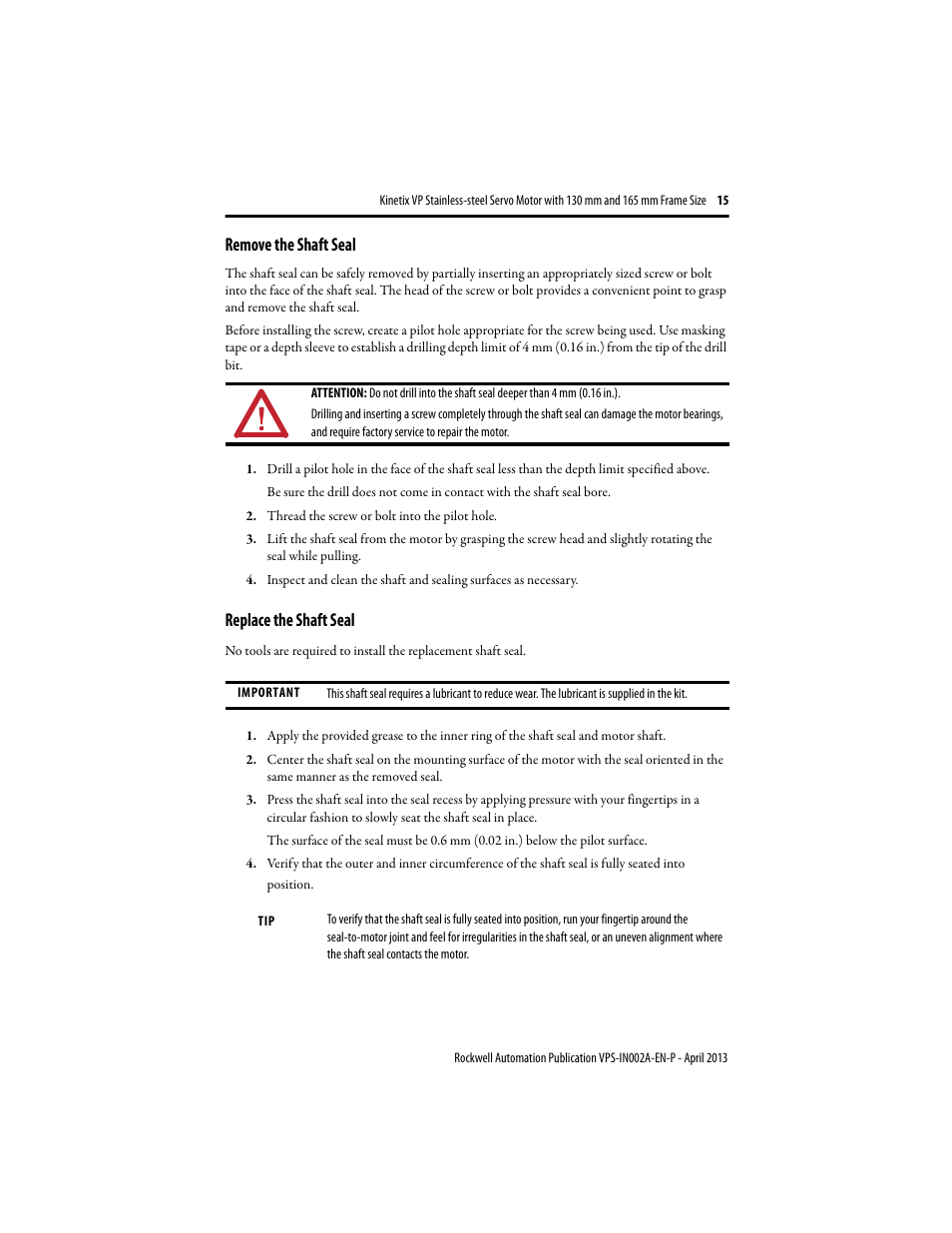 Remove the shaft seal, Replace the shaft seal | Rockwell Automation VPS-B1653D-PJ12DF Kinetix VP Stainless-steel Servo Motor with 130...165 mm Frame Size Install User Manual | Page 15 / 20