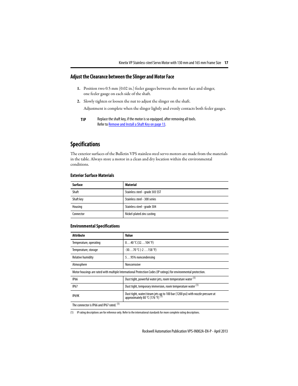 Specifications, Specifications 17 | Rockwell Automation VPS-B1653D-PJ12DF Kinetix VP Stainless-steel Servo Motor with 130...165 mm Frame Size Install User Manual | Page 17 / 20