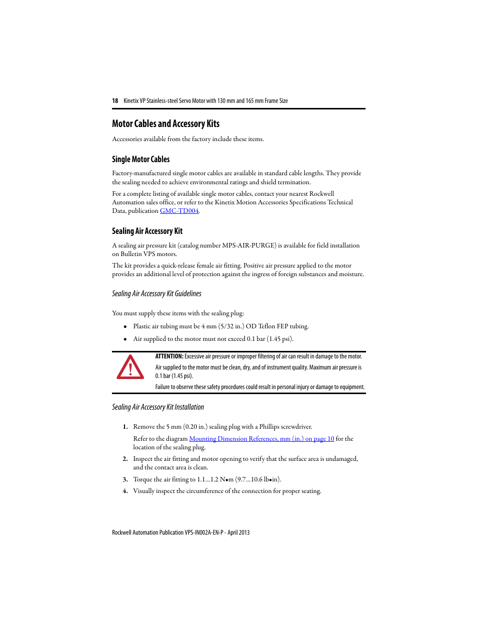 Motor cables and accessory kits, Single motor cables, Sealing air accessory kit | Rockwell Automation VPS-B1653D-PJ12DF Kinetix VP Stainless-steel Servo Motor with 130...165 mm Frame Size Install User Manual | Page 18 / 20