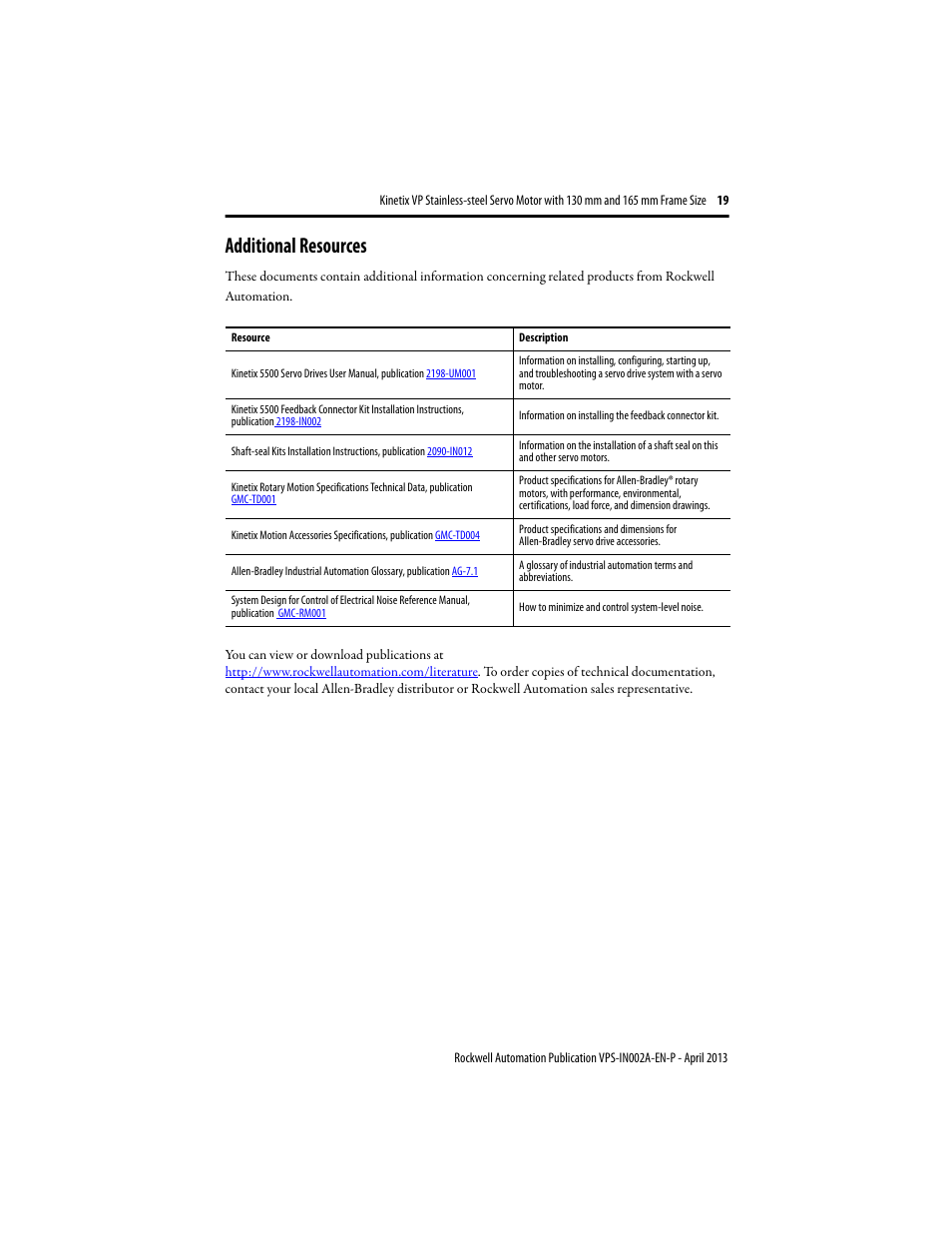 Additional resources | Rockwell Automation VPS-B1653D-PJ12DF Kinetix VP Stainless-steel Servo Motor with 130...165 mm Frame Size Install User Manual | Page 19 / 20