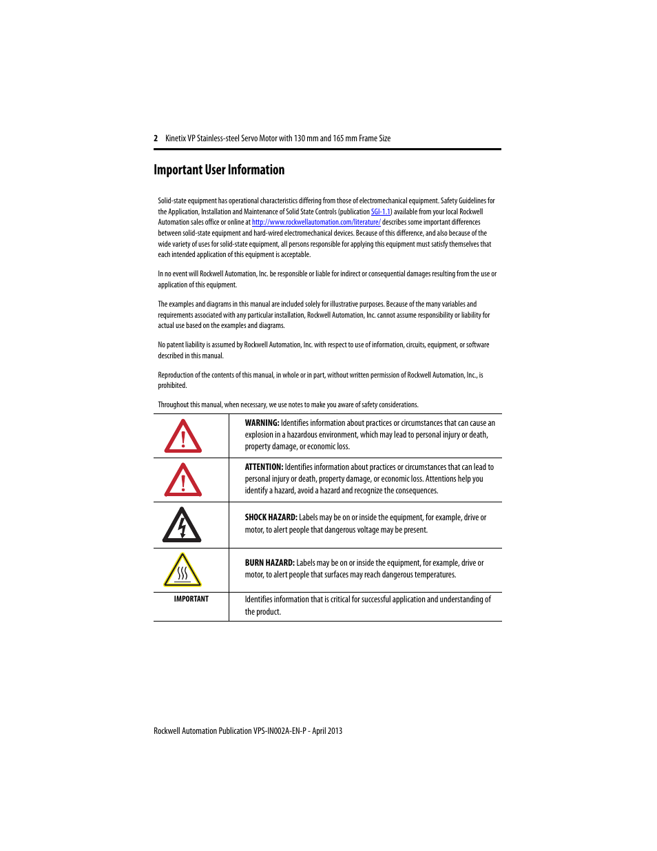 Important user information | Rockwell Automation VPS-B1653D-PJ12DF Kinetix VP Stainless-steel Servo Motor with 130...165 mm Frame Size Install User Manual | Page 2 / 20