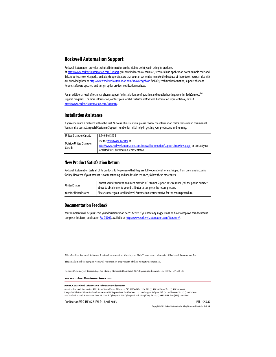 Back cover, Rockwell automation support, Installation assistance | New product satisfaction return, Documentation feedback | Rockwell Automation VPS-B1653D-PJ12DF Kinetix VP Stainless-steel Servo Motor with 130...165 mm Frame Size Install User Manual | Page 20 / 20