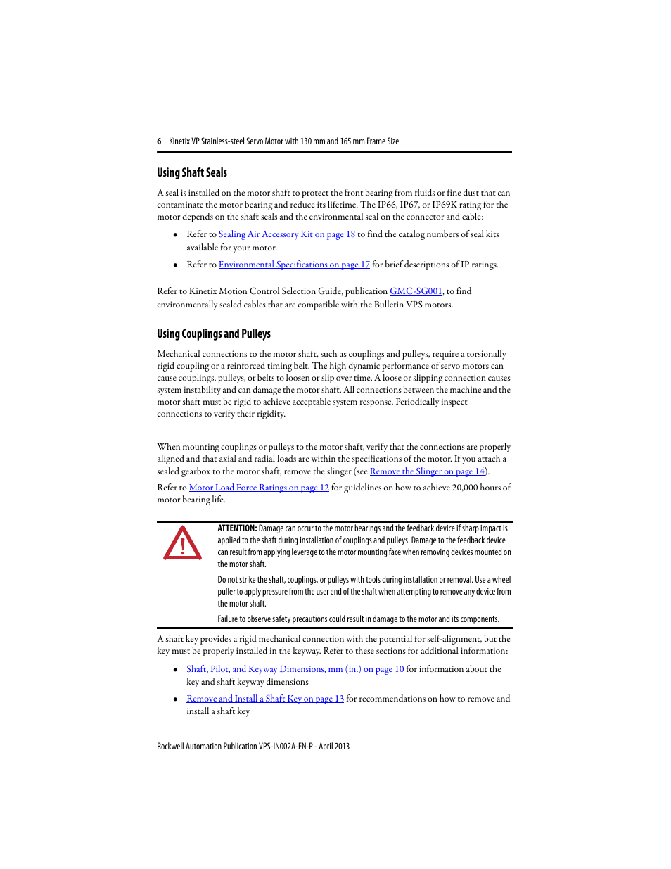 Using shaft seals, Using couplings and pulleys | Rockwell Automation VPS-B1653D-PJ12DF Kinetix VP Stainless-steel Servo Motor with 130...165 mm Frame Size Install User Manual | Page 6 / 20