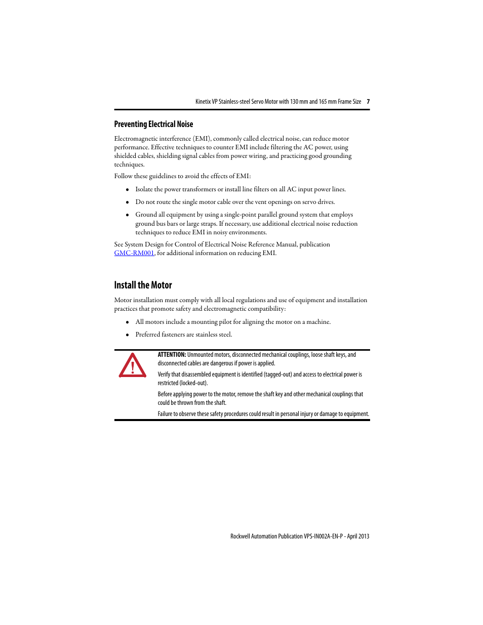 Preventing electrical noise, Install the motor | Rockwell Automation VPS-B1653D-PJ12DF Kinetix VP Stainless-steel Servo Motor with 130...165 mm Frame Size Install User Manual | Page 7 / 20