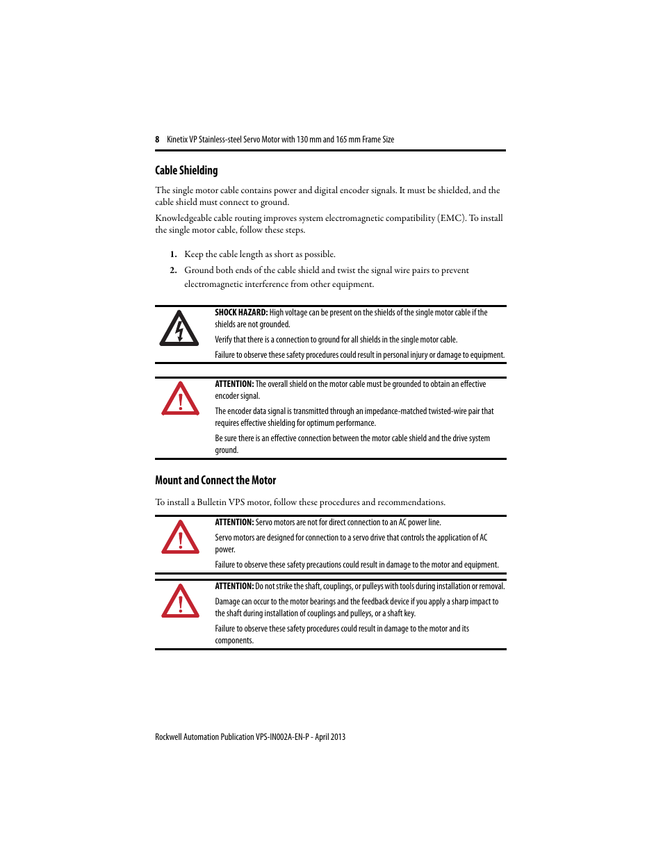 Cable shielding, Mount and connect the motor | Rockwell Automation VPS-B1653D-PJ12DF Kinetix VP Stainless-steel Servo Motor with 130...165 mm Frame Size Install User Manual | Page 8 / 20