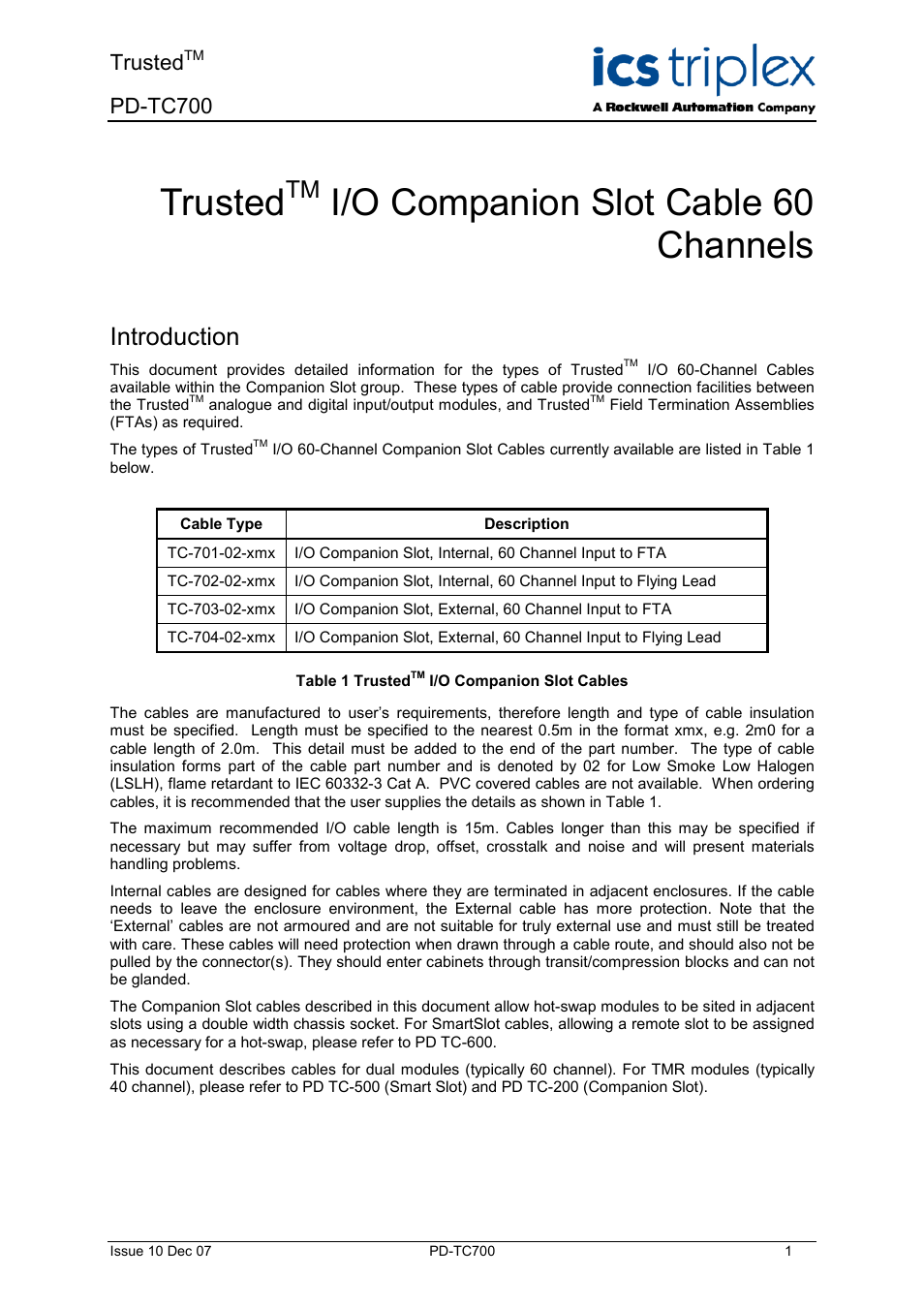 Rockwell Automation TC700 Trusted I/O Companion Slot Cable 60 Channels User Manual | 12 pages