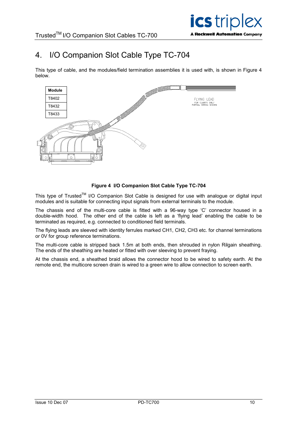 I/o companion slot cable type tc-704, Figure 4 i/o companion slot cable type tc-704, Trusted | I/o companion slot cables tc-700 | Rockwell Automation TC700 Trusted I/O Companion Slot Cable 60 Channels User Manual | Page 10 / 12