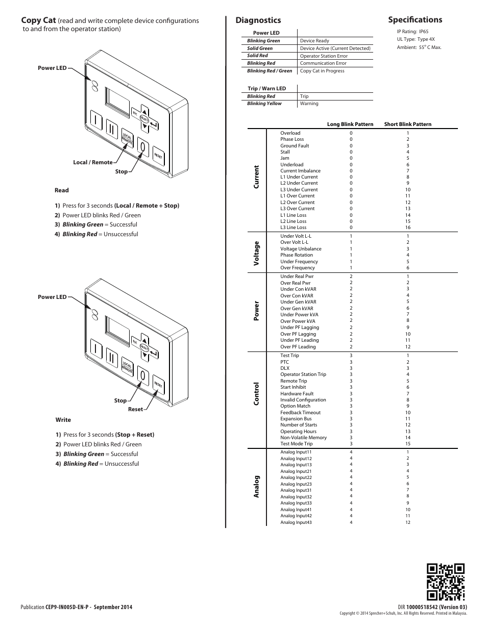 Copy cat, Diagnostics, Specifications | Rockwell Automation CEP9-EOS-SDS Sprecher+Schuh CEP9 E300 Operator Stations User Manual | Page 2 / 2