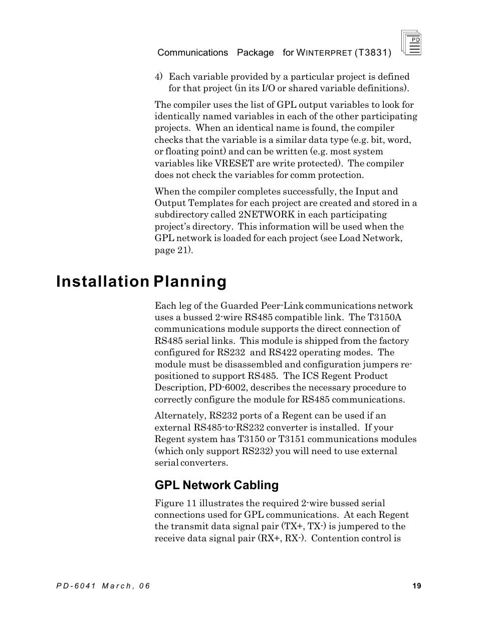 Installation planning, Gpl network cabling | Rockwell Automation T3831 ICS Regent Communications Package for Winterpret User Manual | Page 19 / 32