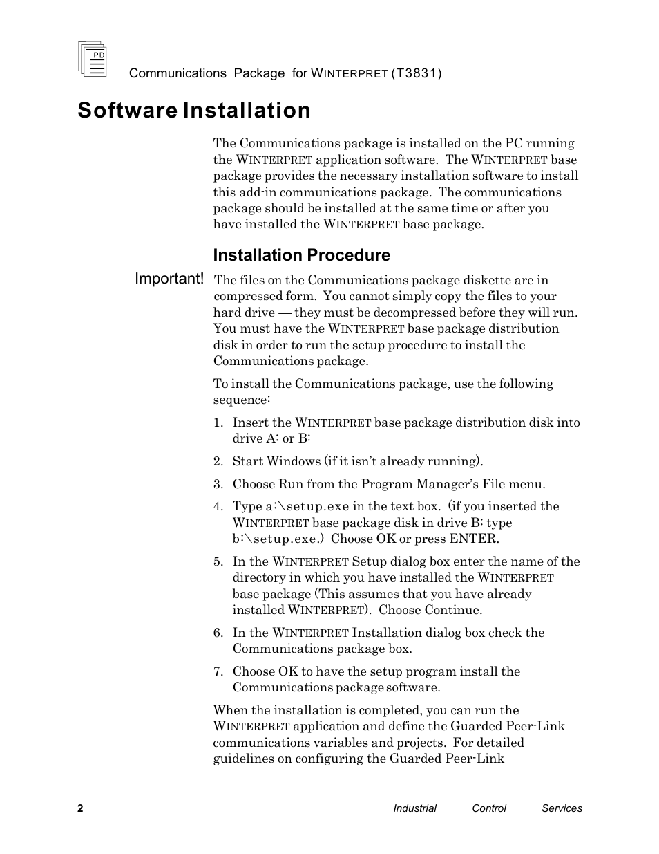 Software installation, Installation procedure, Important | Rockwell Automation T3831 ICS Regent Communications Package for Winterpret User Manual | Page 2 / 32