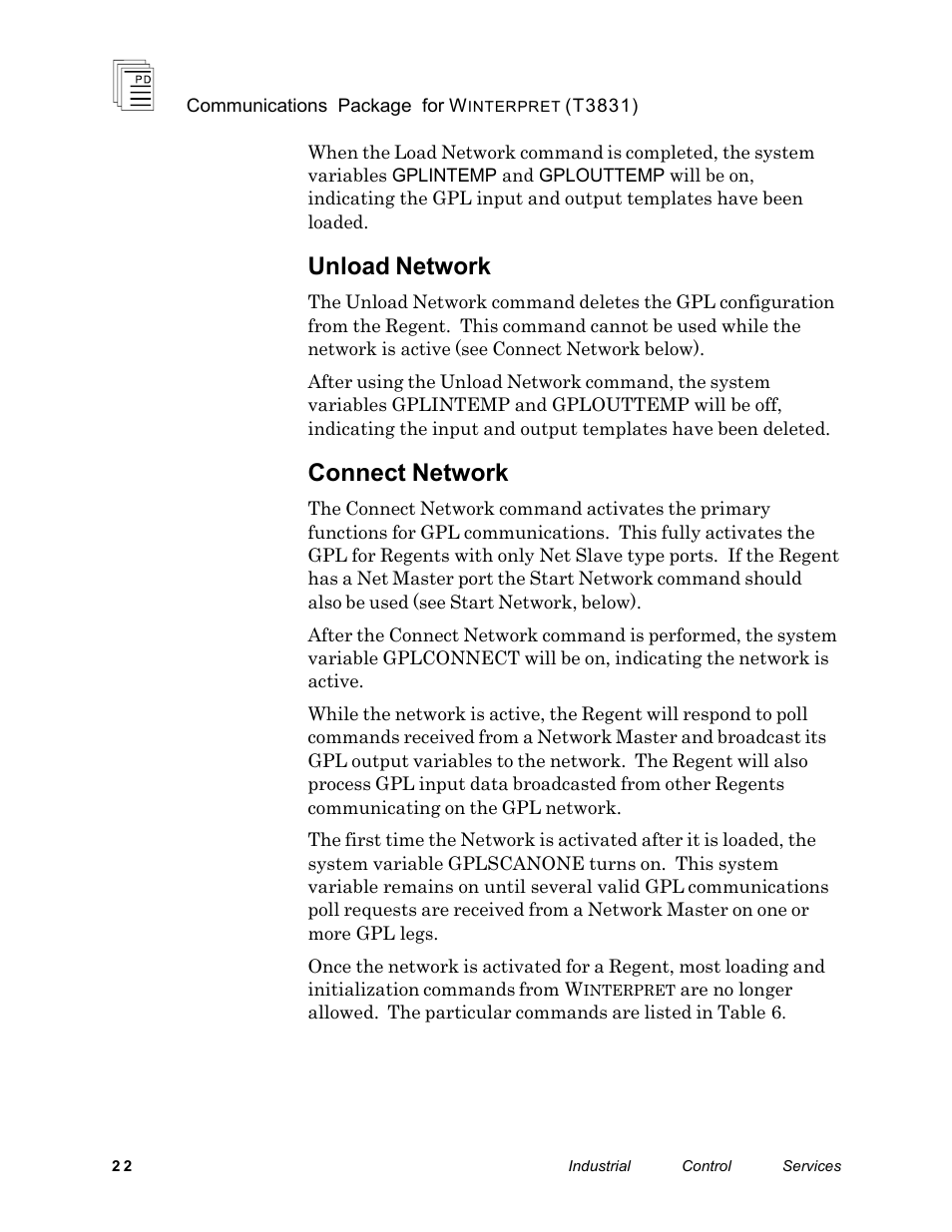 Unload network, Connect network | Rockwell Automation T3831 ICS Regent Communications Package for Winterpret User Manual | Page 22 / 32