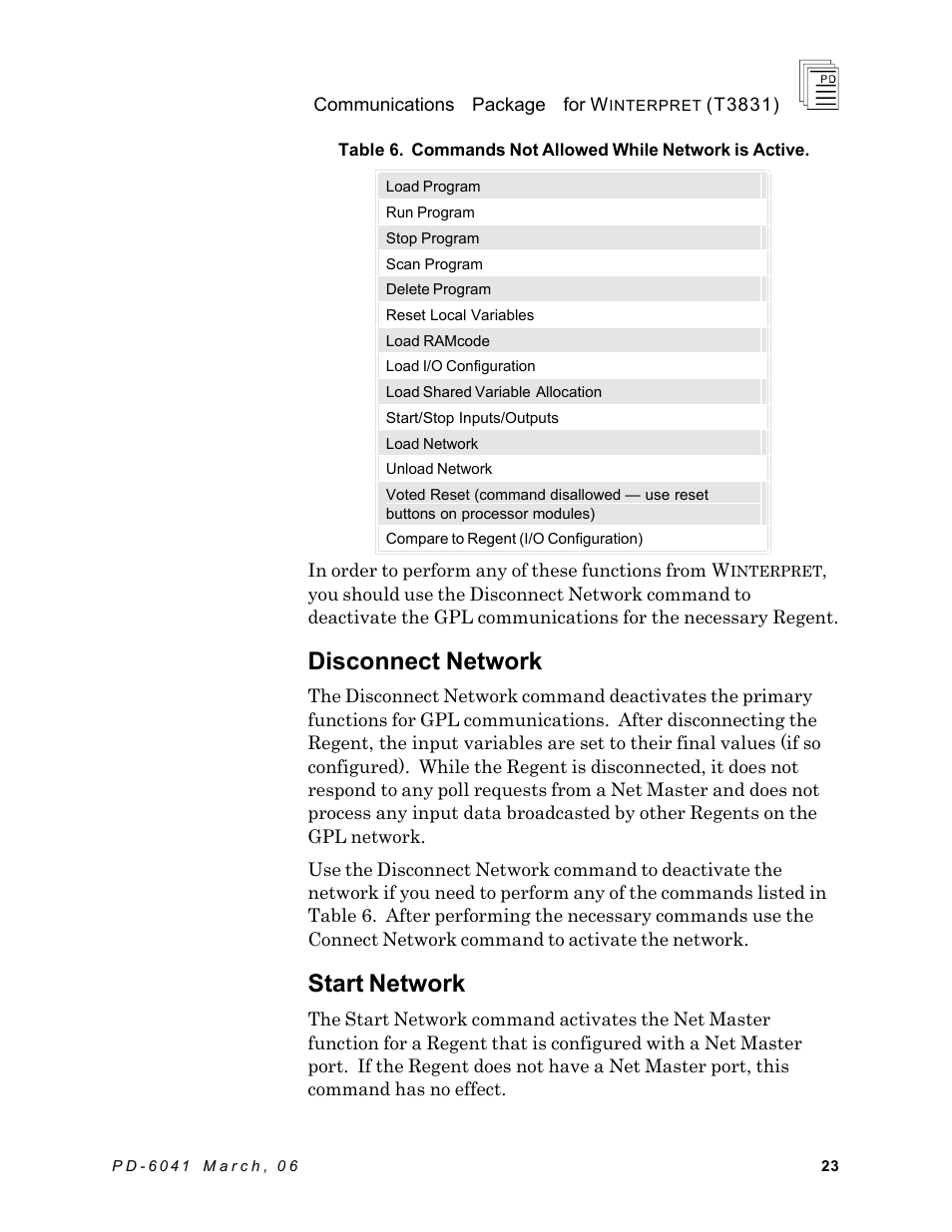 Disconnect network, Start network | Rockwell Automation T3831 ICS Regent Communications Package for Winterpret User Manual | Page 23 / 32