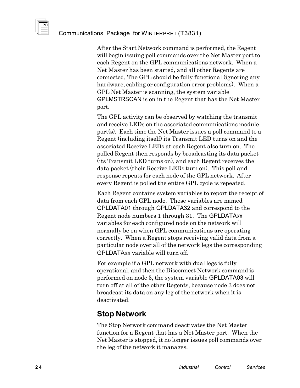 Stop network | Rockwell Automation T3831 ICS Regent Communications Package for Winterpret User Manual | Page 24 / 32