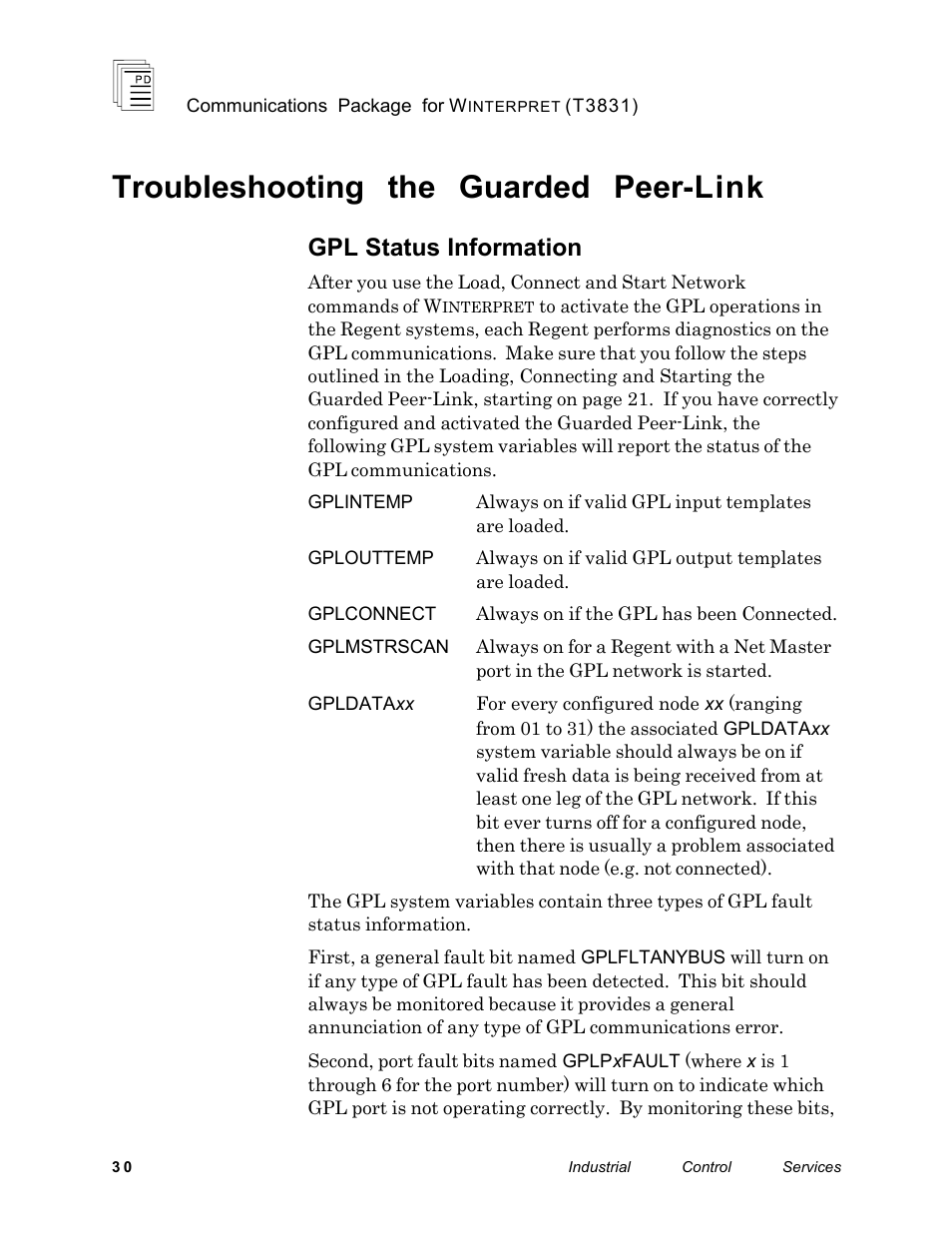 Troubleshooting the guarded peer-link, Gpl status information | Rockwell Automation T3831 ICS Regent Communications Package for Winterpret User Manual | Page 30 / 32