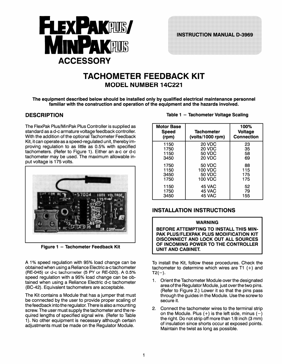 Rockwell Automation FlexPak Plus/MinPak Plus Tachometer Feedback Kit 14C221 User Manual | 4 pages