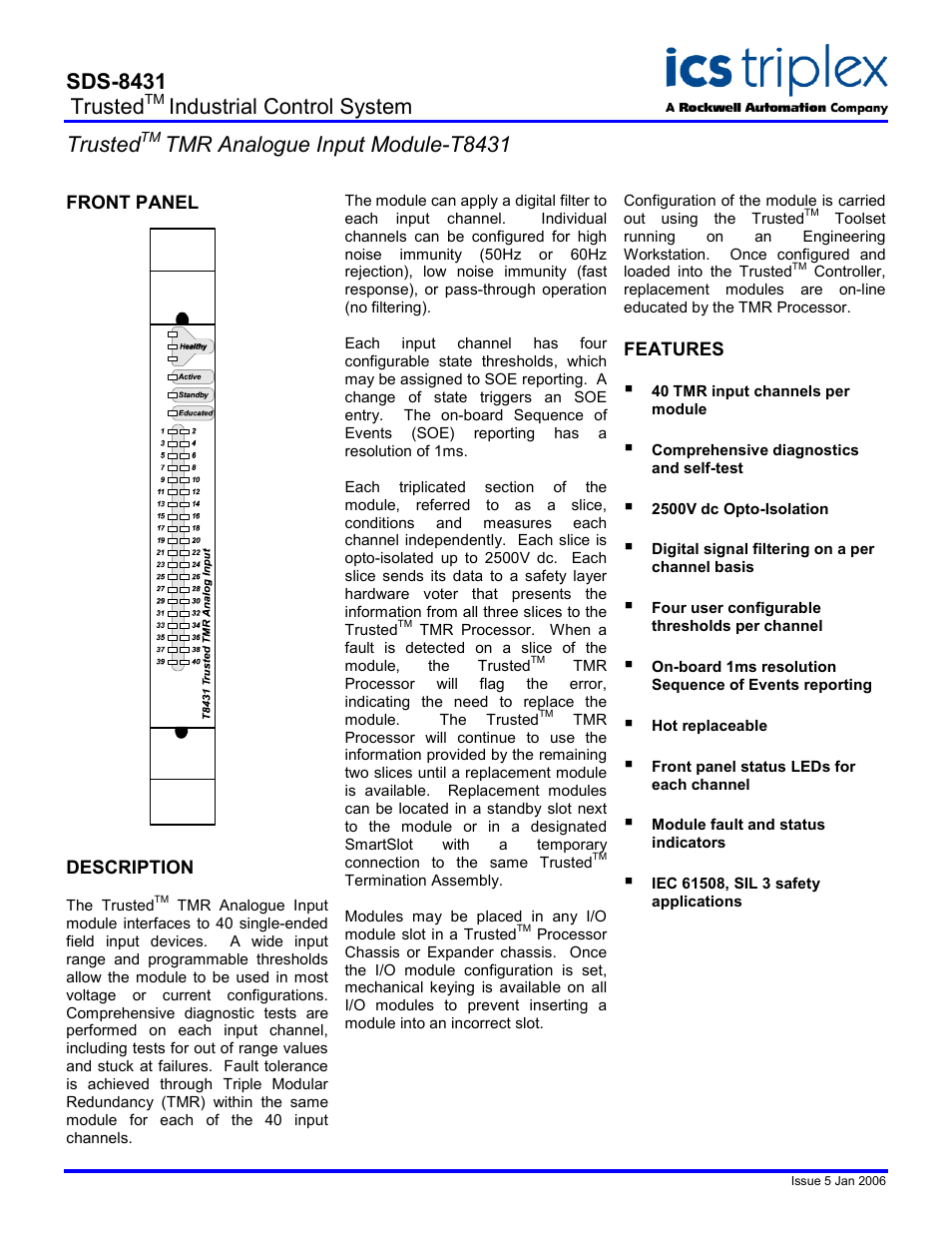 Rockwell Automation T8431 Trusted TMR Analogue Input Module User Manual | 2 pages