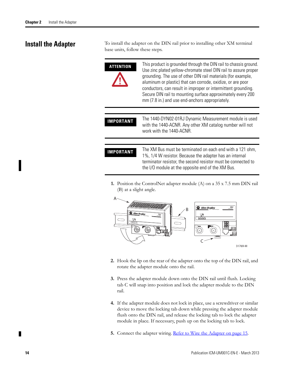 Install the adapter | Rockwell Automation 1440-ACNR XM ControlNet Adapter User Manual | Page 14 / 48