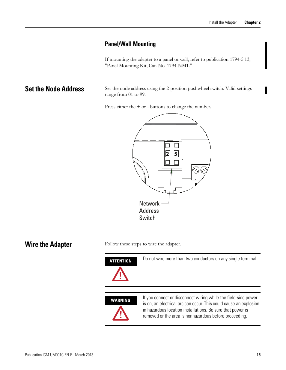 Panel/wall mounting, Set the node address, Wire the adapter | Set the node address wire the adapter | Rockwell Automation 1440-ACNR XM ControlNet Adapter User Manual | Page 15 / 48