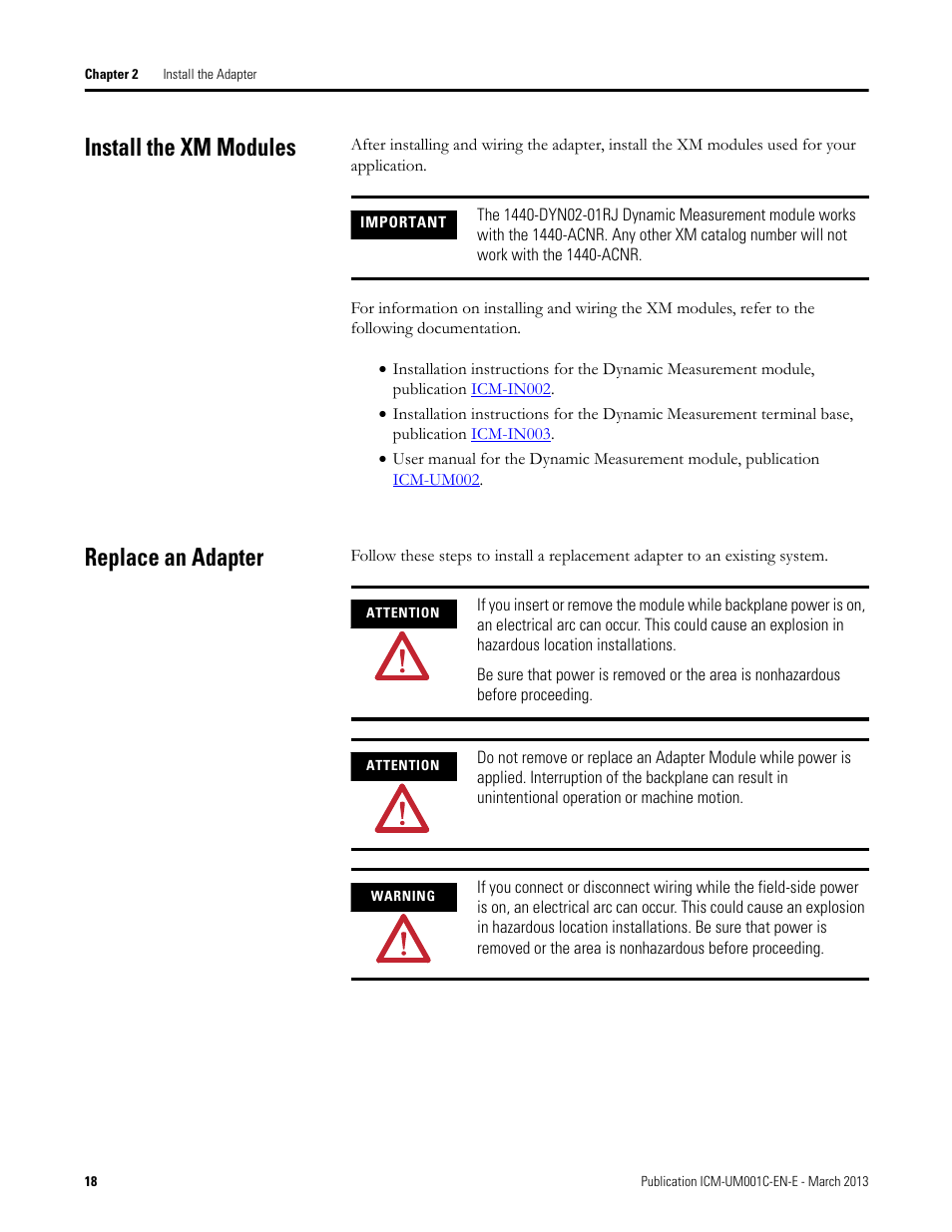 Install the xm modules, Replace an adapter, Install the xm modules replace an adapter | Rockwell Automation 1440-ACNR XM ControlNet Adapter User Manual | Page 18 / 48
