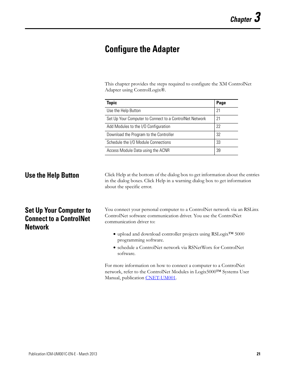 3 - configure the adapter, Use the help button, Chapter 3 | Configure the adapter, Chapter | Rockwell Automation 1440-ACNR XM ControlNet Adapter User Manual | Page 21 / 48