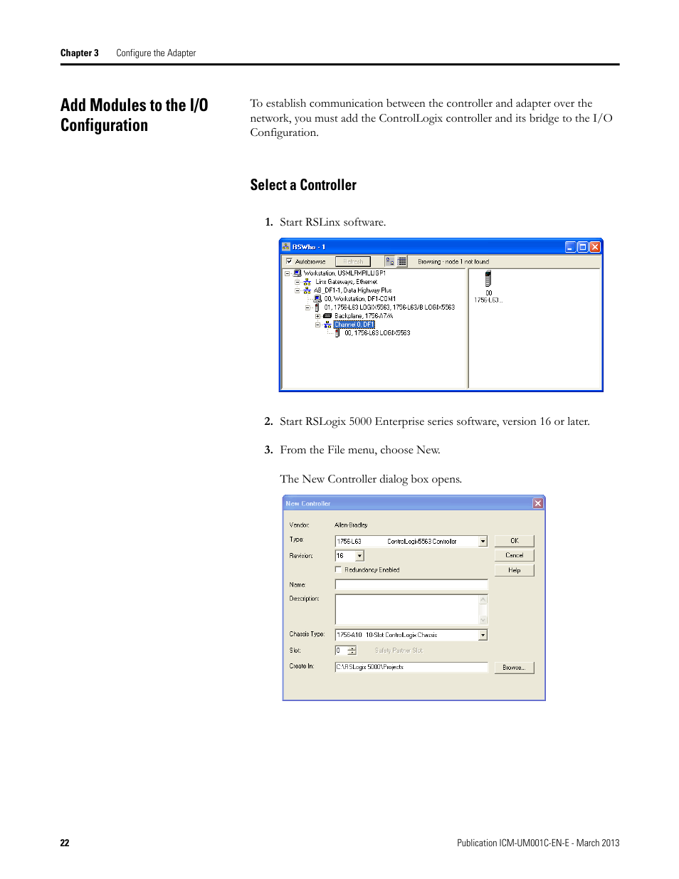Add modules to the i/o configuration, Select a controller | Rockwell Automation 1440-ACNR XM ControlNet Adapter User Manual | Page 22 / 48