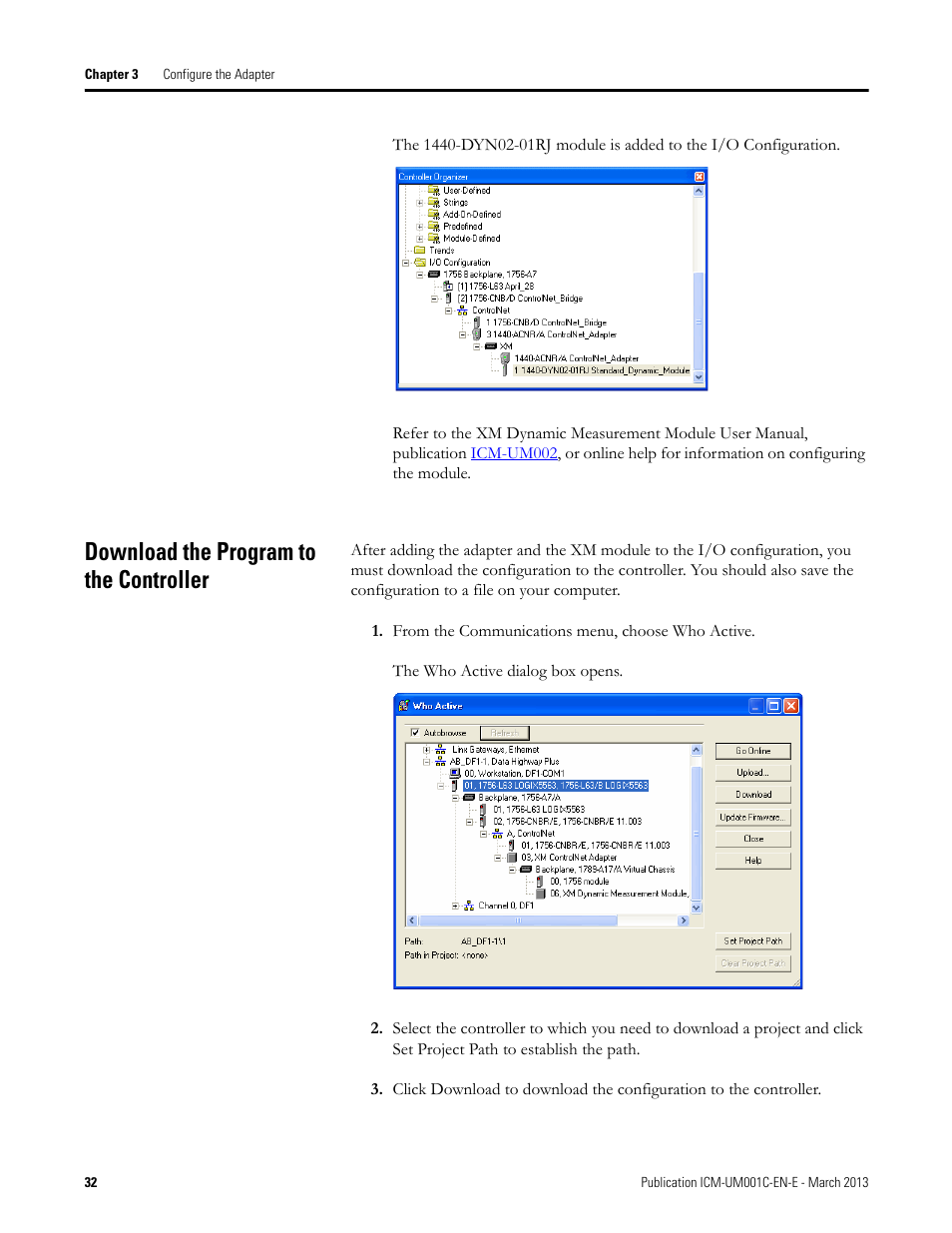 Download the program to the controller | Rockwell Automation 1440-ACNR XM ControlNet Adapter User Manual | Page 32 / 48