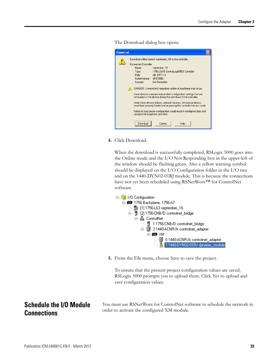 Schedule the i/o module connections | Rockwell Automation 1440-ACNR XM ControlNet Adapter User Manual | Page 33 / 48