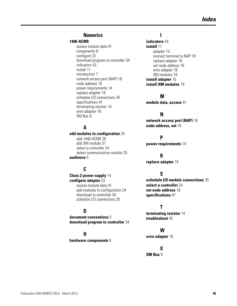 Index, Numerics | Rockwell Automation 1440-ACNR XM ControlNet Adapter User Manual | Page 45 / 48