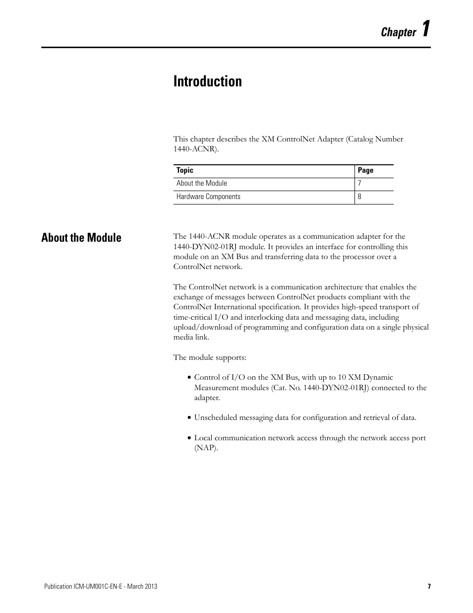 1 - introduction, About the module, Chapter 1 | Introduction, Chapter | Rockwell Automation 1440-ACNR XM ControlNet Adapter User Manual | Page 7 / 48